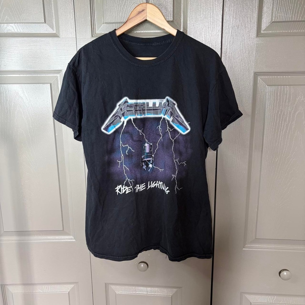 Metallica Ride the Lightning Band T-Shirt Mens Medium Black Y2K Grunge Rock Tee